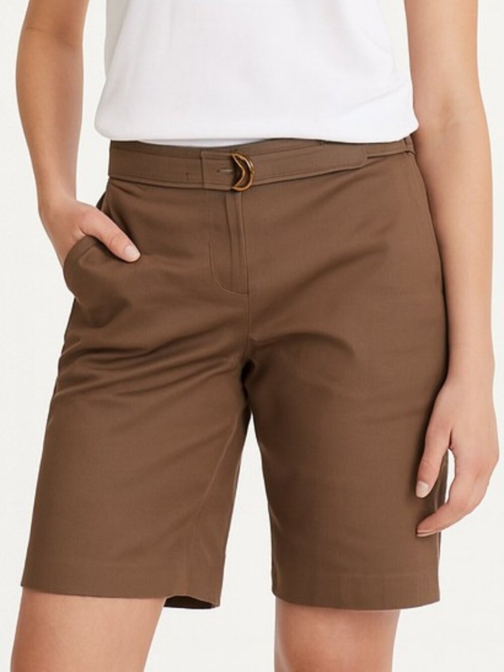 Dana Buchman Bermuda Shorts Brown Cotton Sateen Sz 10 Belted VTG 90s Boutique